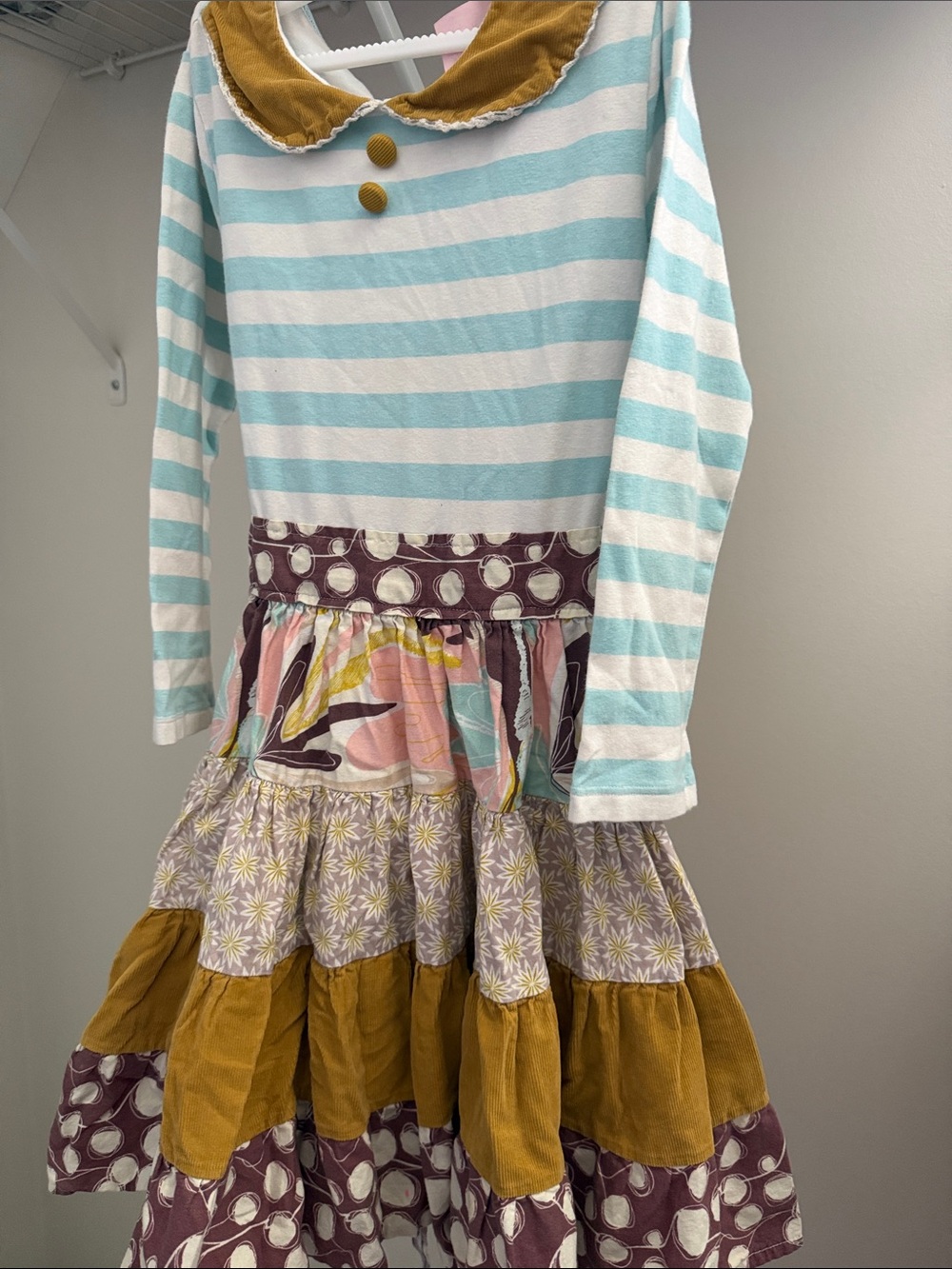 Striped Mint & Mustard Girls Tiered Dress